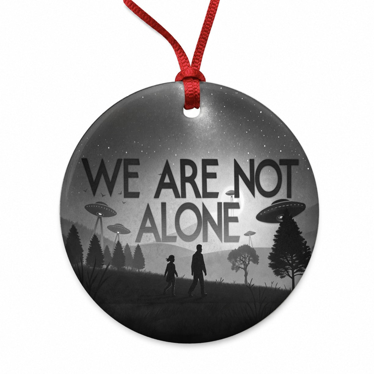 We Are Not Alone Retro Funny Alien Invasion Round Ceramic Holiday Christmas Tree Ornament