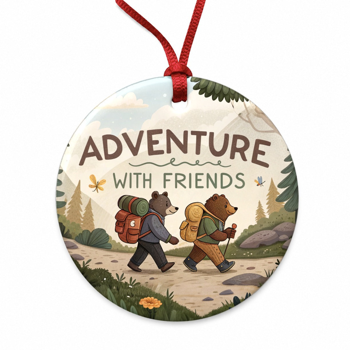 Adventure With Friends Hiking Bears Round Ceramic Holiday Christmas Tree Ornament