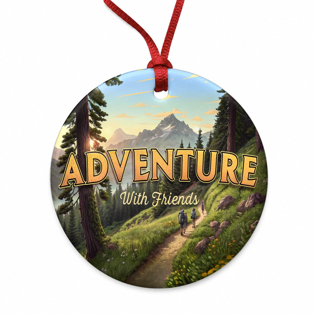 Adventure With Friends Hiking Camping Round Ceramic Holiday Christmas Tree Ornament
