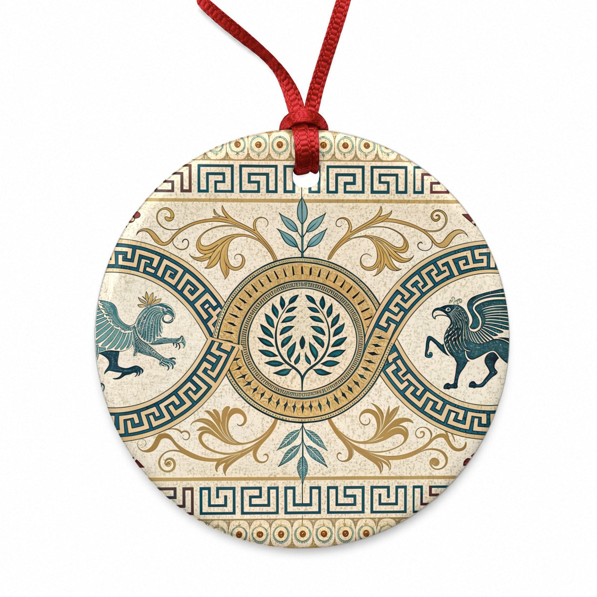 Ancient Greek Pattern Griffins Round Ceramic Holiday Christmas Tree Ornament