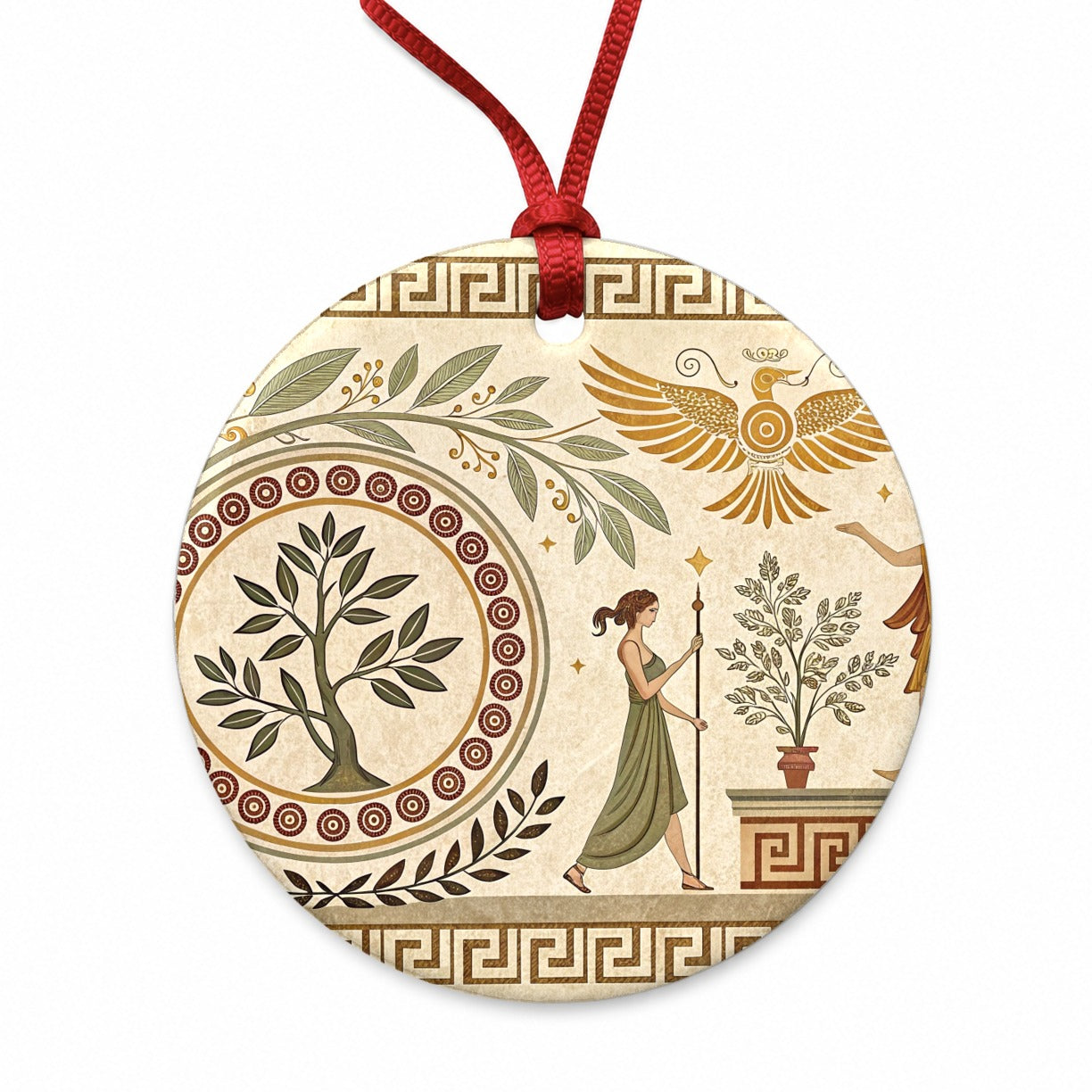 Ancient Greek Tree Pattern Round Ceramic Holiday Christmas Tree Ornament