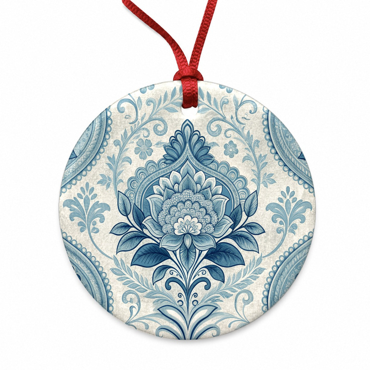 Blue Victorian Decorative Floral Pattern Round Ceramic Holiday Christmas Tree Ornament