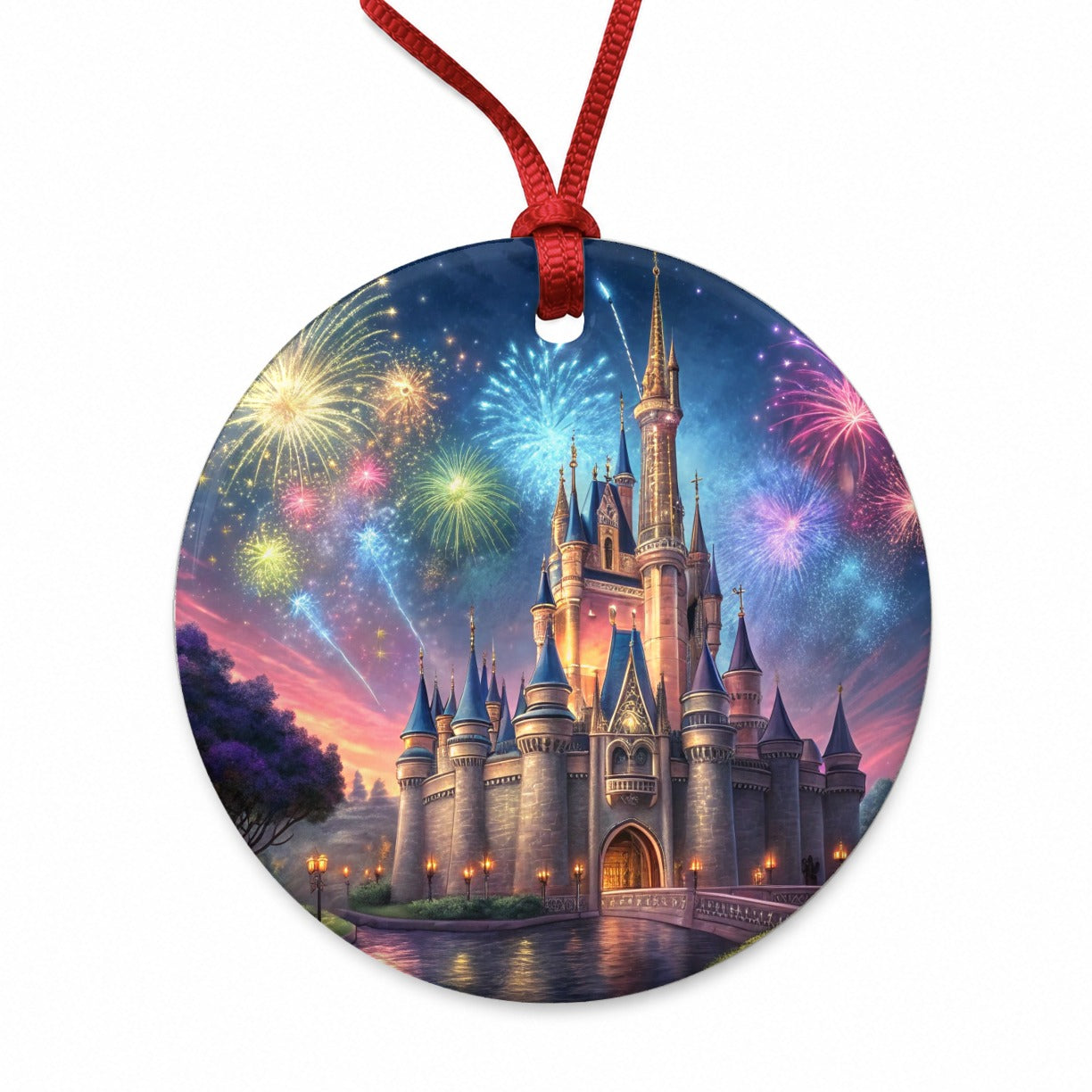 Fantasy Kingdom Castle Fireworks at Night Round Ceramic Holiday Christmas Tree Ornament