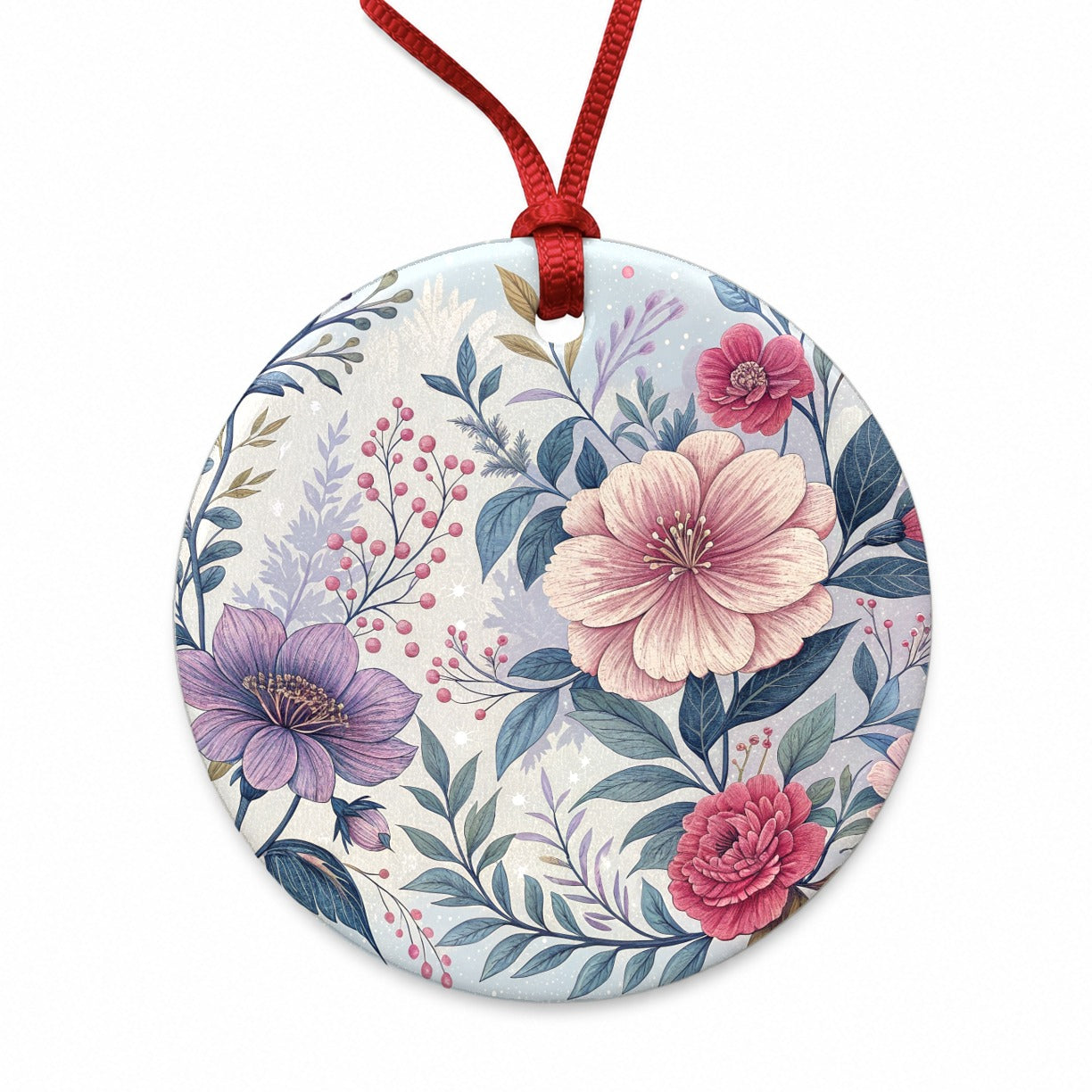 Flower Floral Pink Purple Pattern Round Ceramic Holiday Christmas Tree Ornament