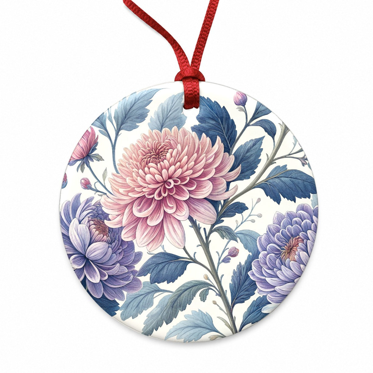 Flowers Pink Blue Purple Pattern Round Ceramic Holiday Christmas Tree Ornament