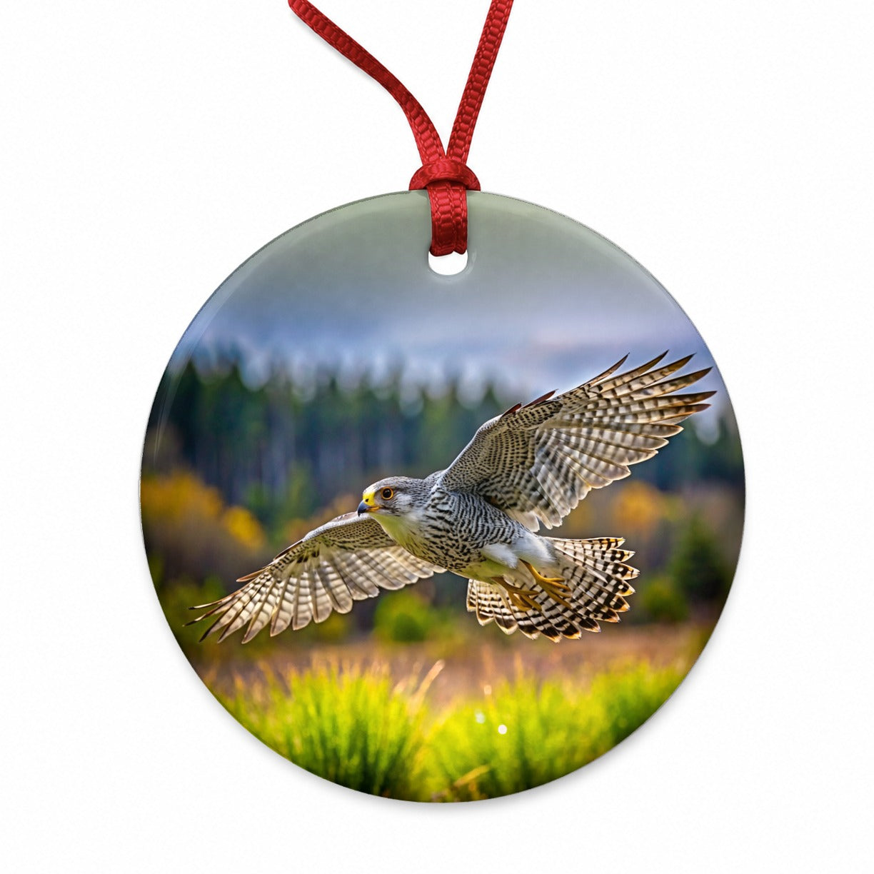 Gyrfalcon Raptor in Flight Round Ceramic Holiday Christmas Tree Ornament