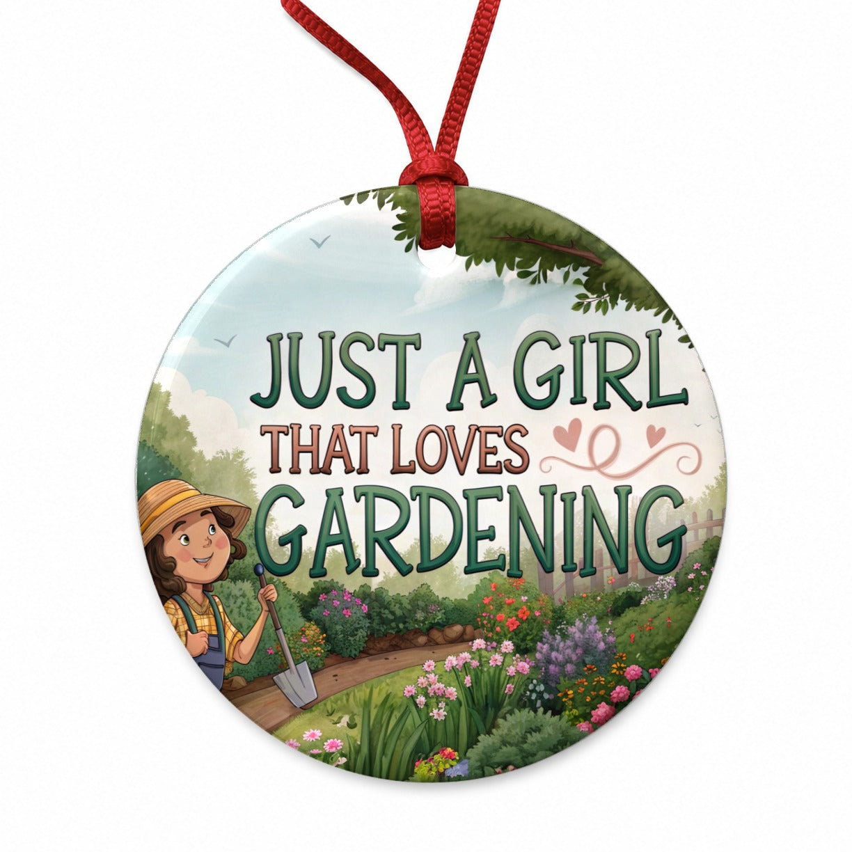 Just A Girl That Loves Gardening Funny Round Ceramic Holiday Christmas Tree Ornament