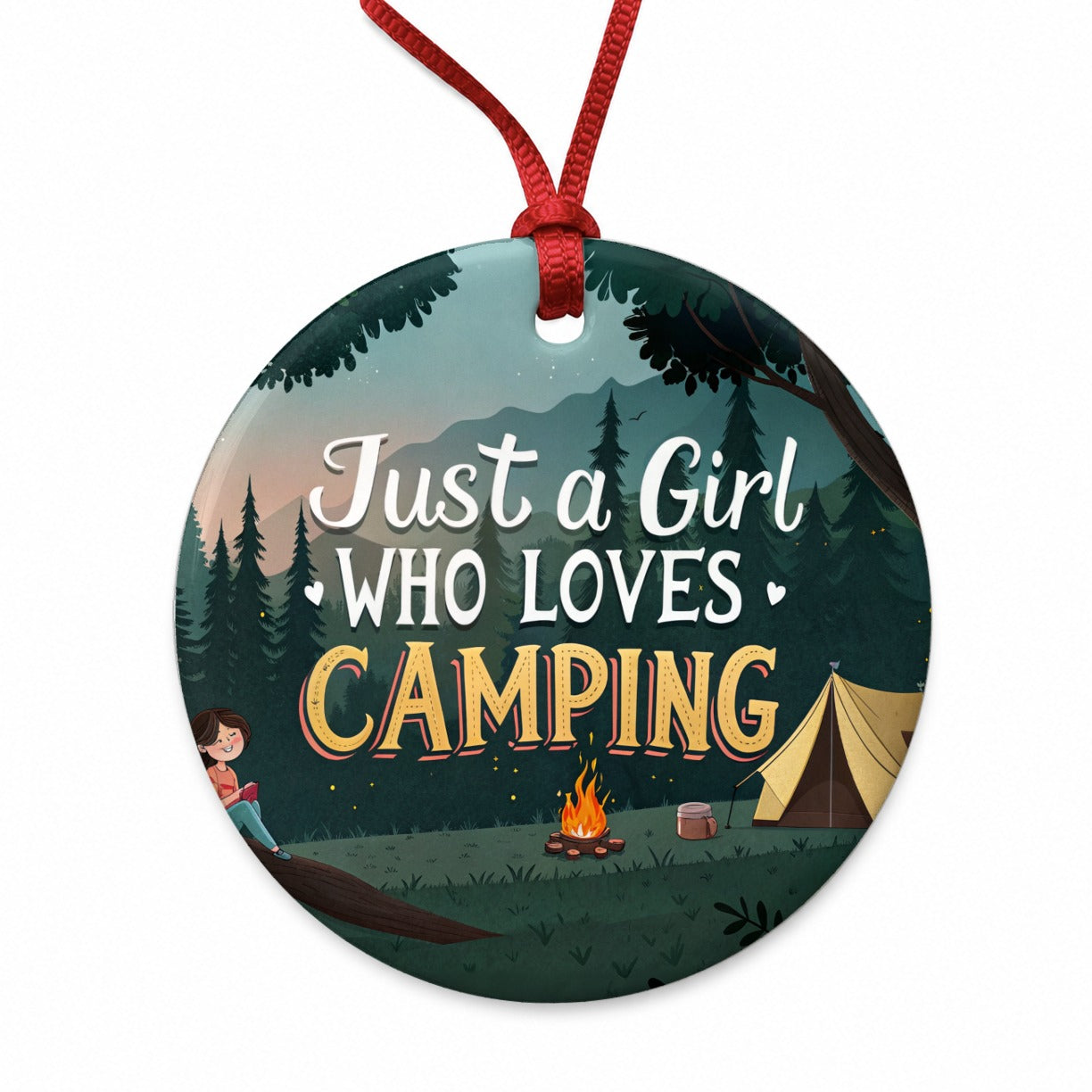 Just A Girl Who Loves Camping Cute Round Ceramic Holiday Christmas Tree Ornament