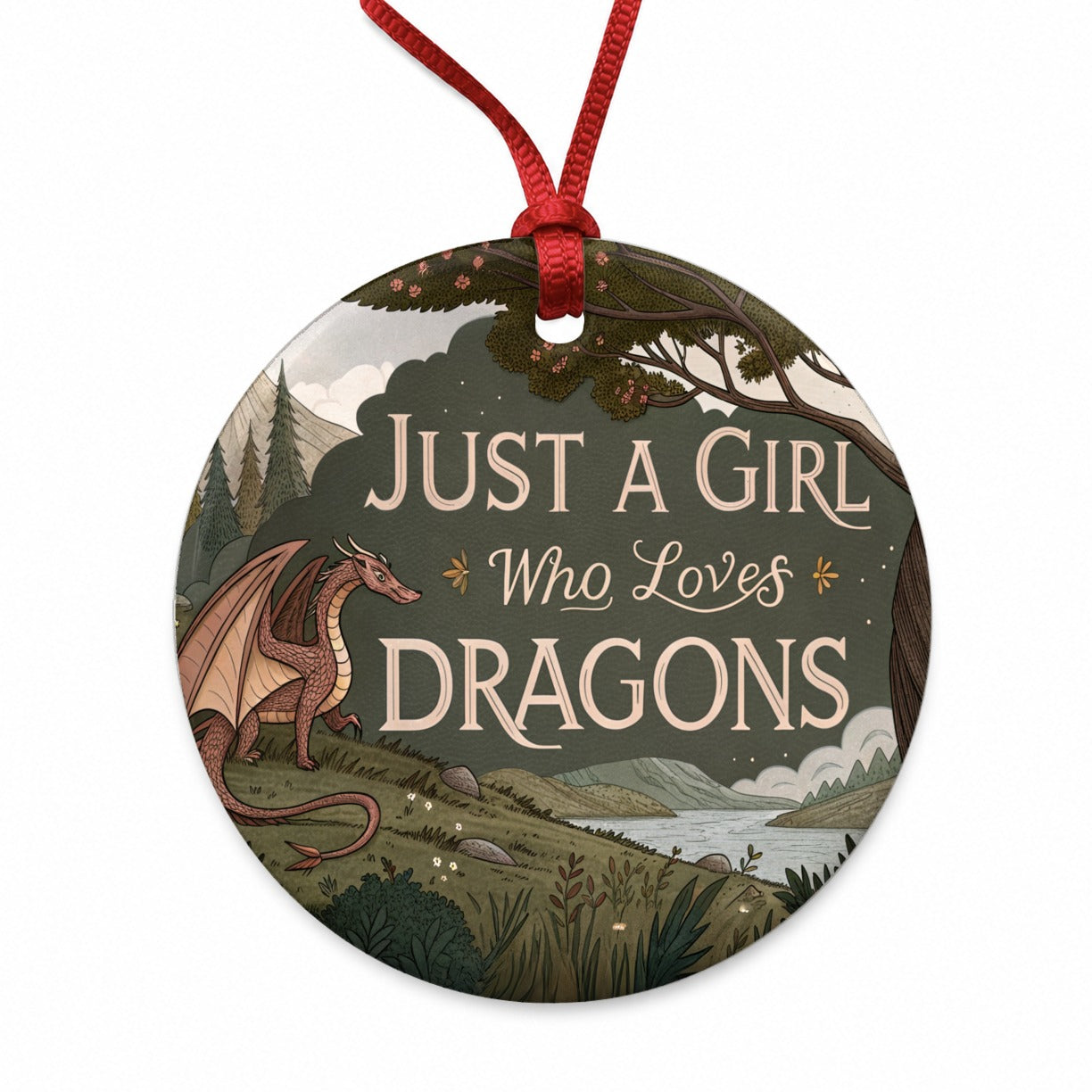Just A Girl Who Loves Dragons Retro Fantasy Round Ceramic Holiday Christmas Tree Ornament
