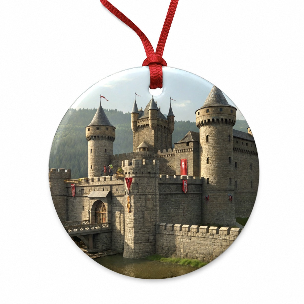 Medieval Castle with Moat Round Ceramic Holiday Christmas Tree Ornament