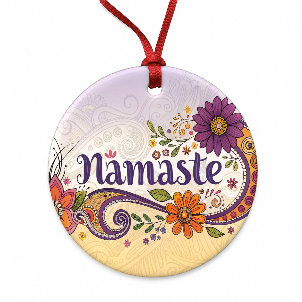 Namaste Flower Fun Retro Round Ceramic Holiday Christmas Tree Ornament