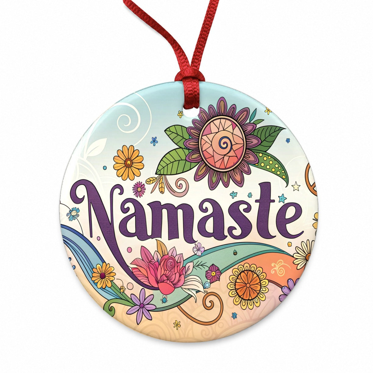 Namaste Hippie Retro Peace Flowers Round Ceramic Holiday Christmas Tree Ornament
