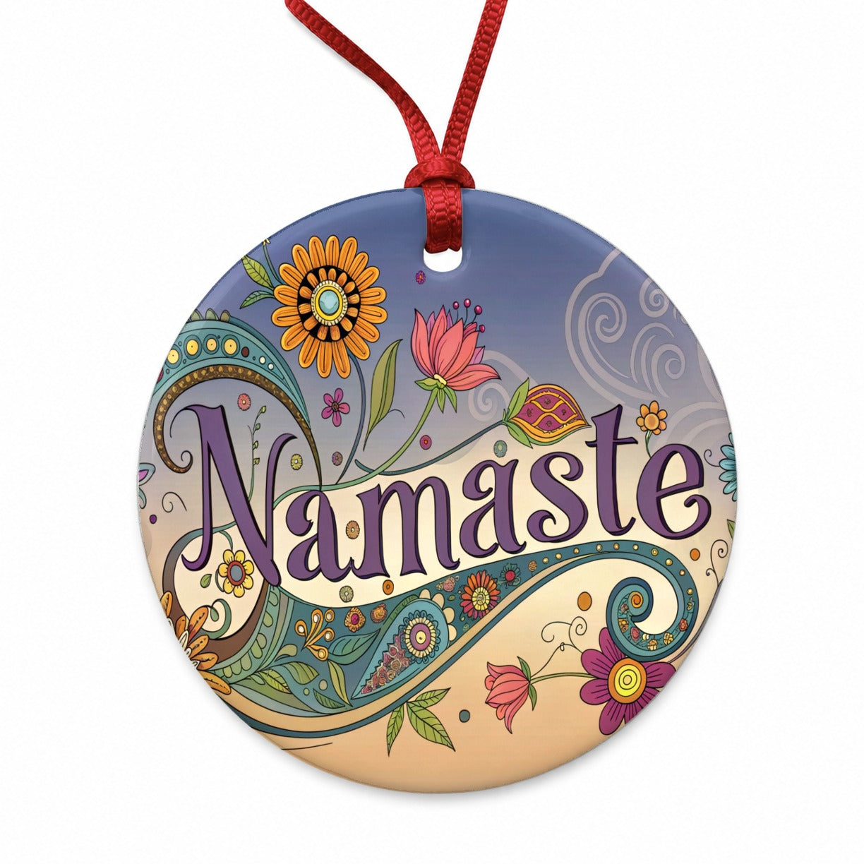 Namaste Yoga Hippie Flower Power Round Ceramic Holiday Christmas Tree Ornament