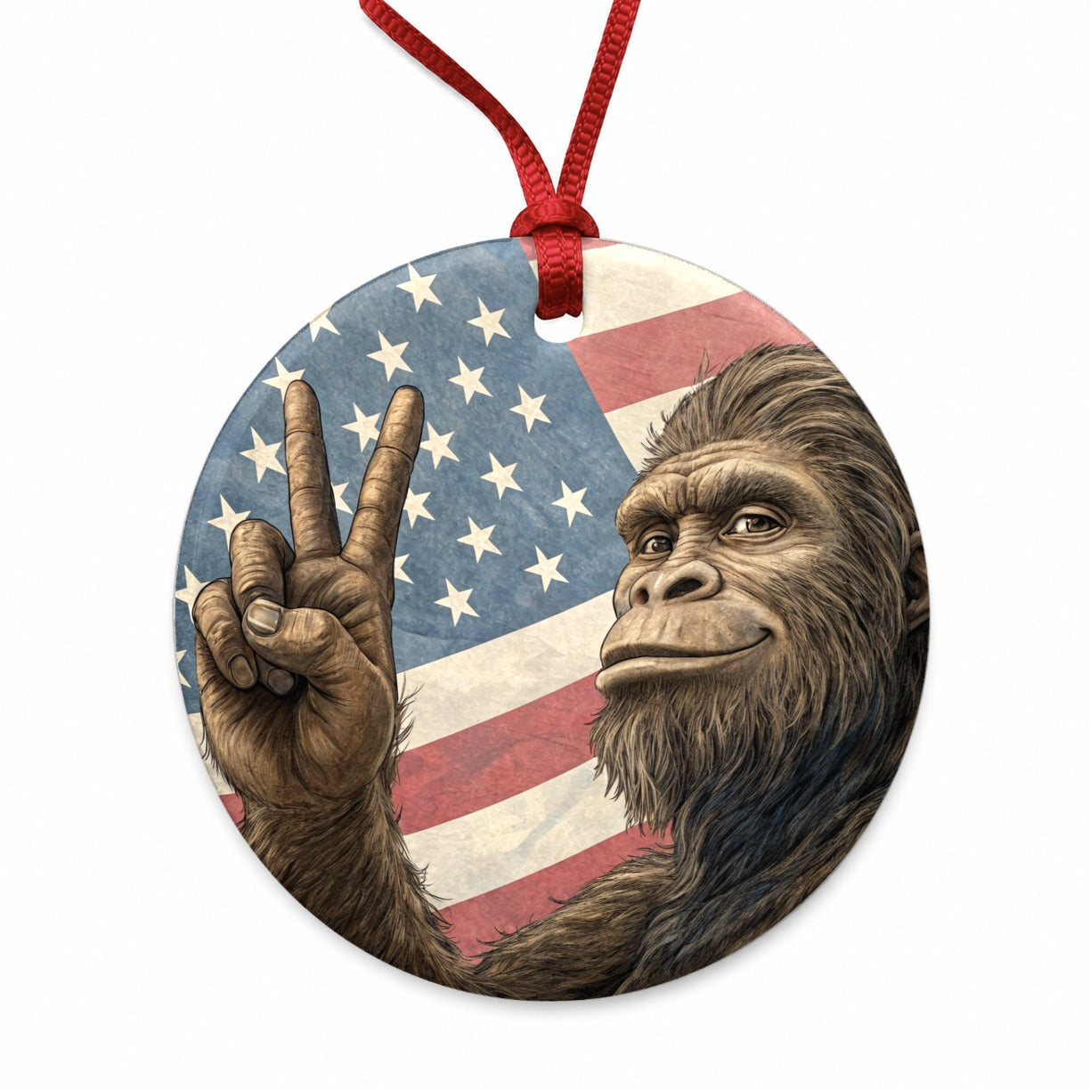 Patriotic Bigfoot Giving The Peace Sign Round Ceramic Holiday Christmas Tree Ornament