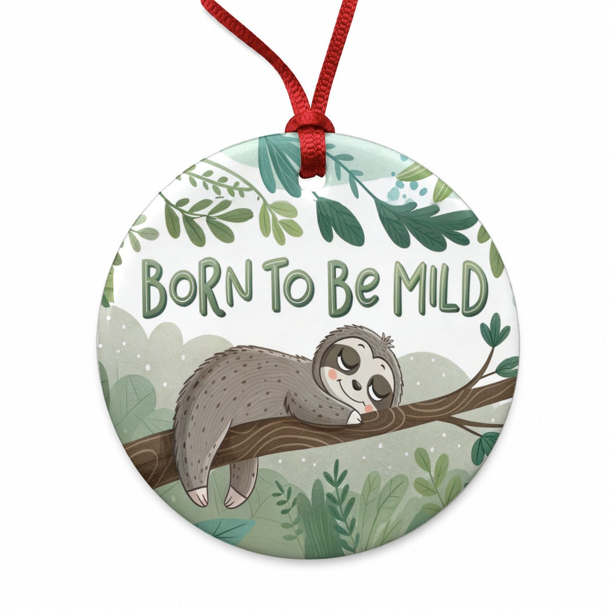 Sloth Sleeping Born To Be Mild Funny Round Ceramic Holiday Christmas Tree Ornament