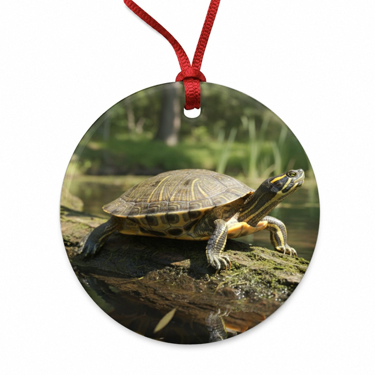Yellow Bellied Slider Turtle Photo Round Ceramic Holiday Christmas Tree Ornament