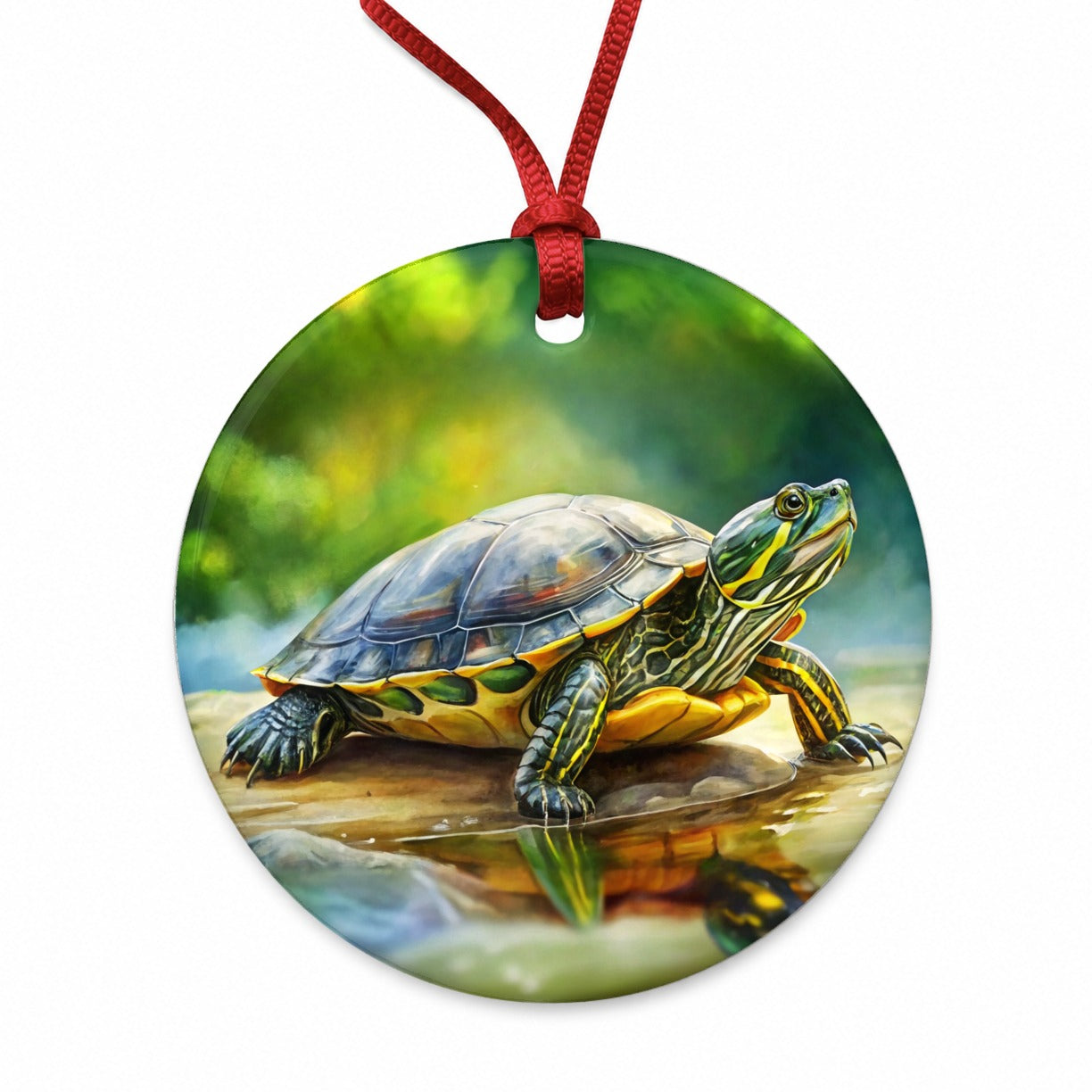 Yellow Bellied Slider Turtle Watercolor Round Ceramic Holiday Christmas Tree Ornament