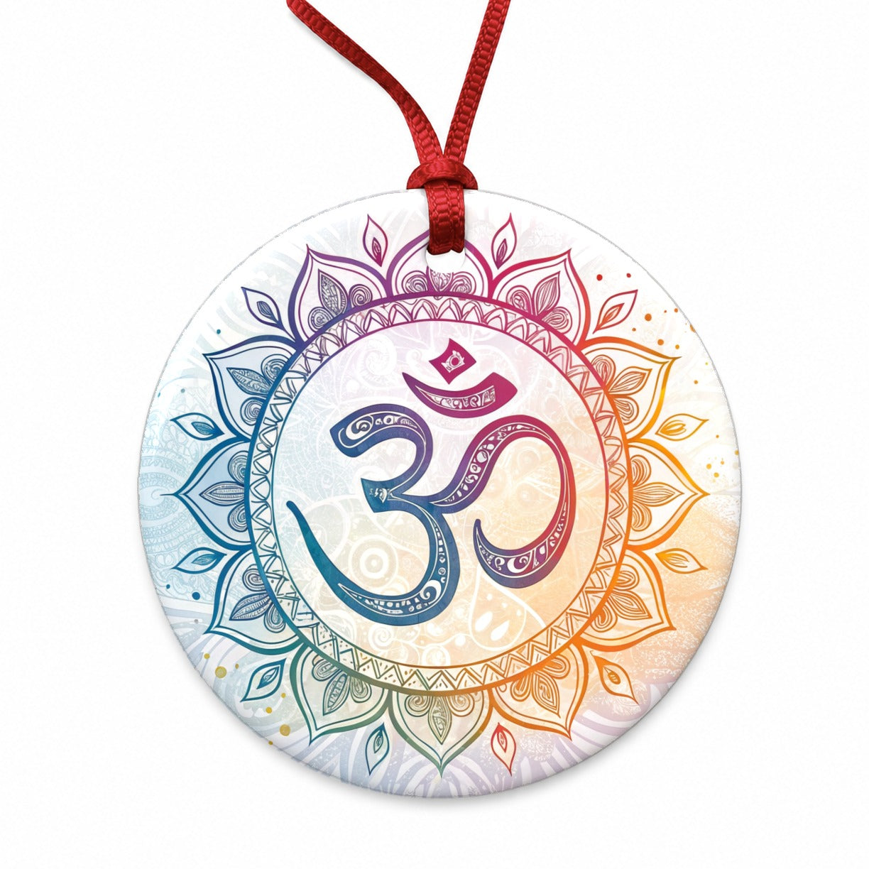 Yoga Om Aum Mandala Symbol Rainbow Round Ceramic Holiday Christmas Tree Ornament