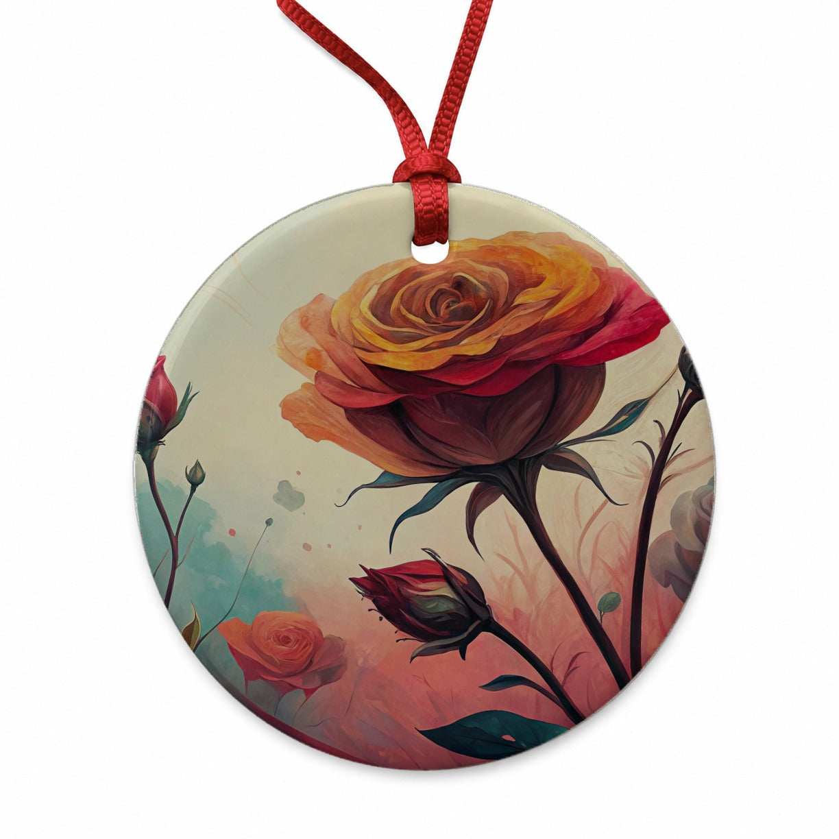 Abstract Roses Flowers Round Ceramic Holiday Christmas Tree Ornament