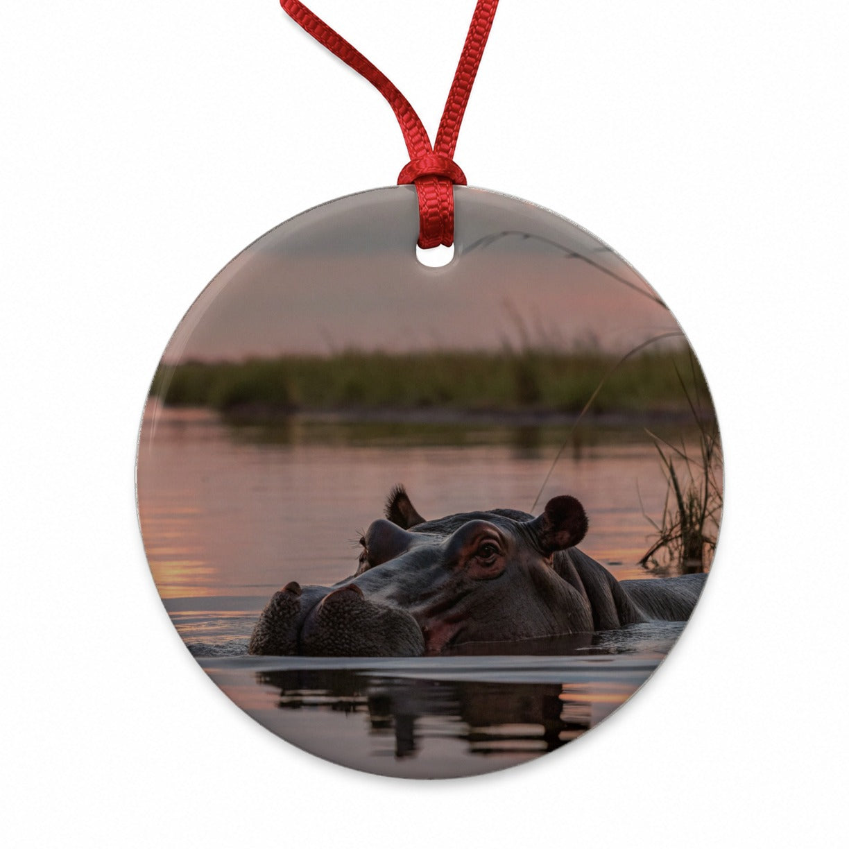 African Hippopotamus Sunset Safari Round Ceramic Holiday Christmas Tree Ornament