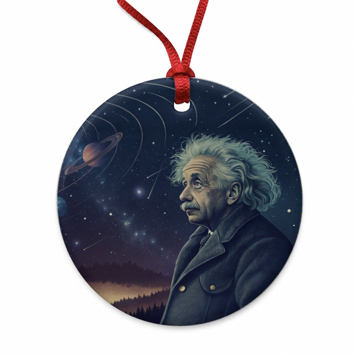 Albert Einstein Genius Space Round Ceramic Holiday Christmas Tree Ornament