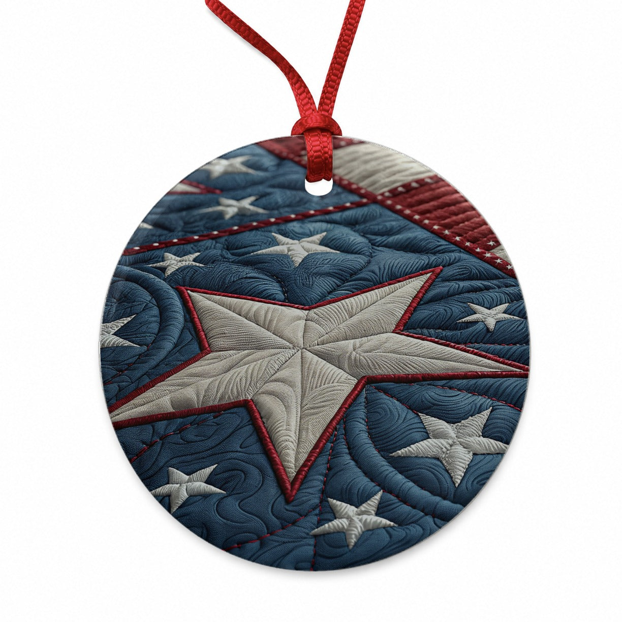 American Patriotic Quilt USA Round Ceramic Holiday Christmas Tree Ornament