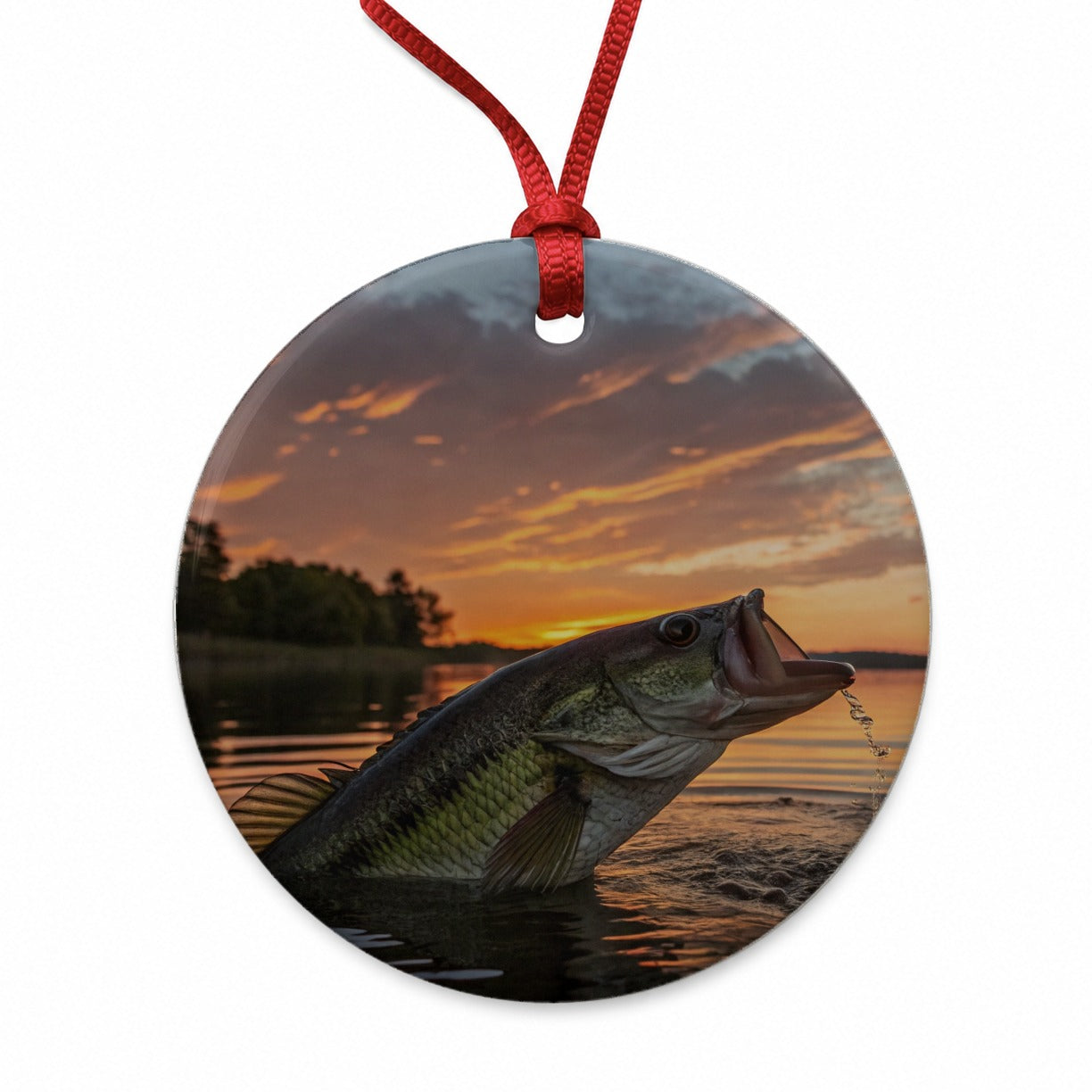 Bass Fish Fishing Sunset Round Ceramic Holiday Christmas Tree Ornament