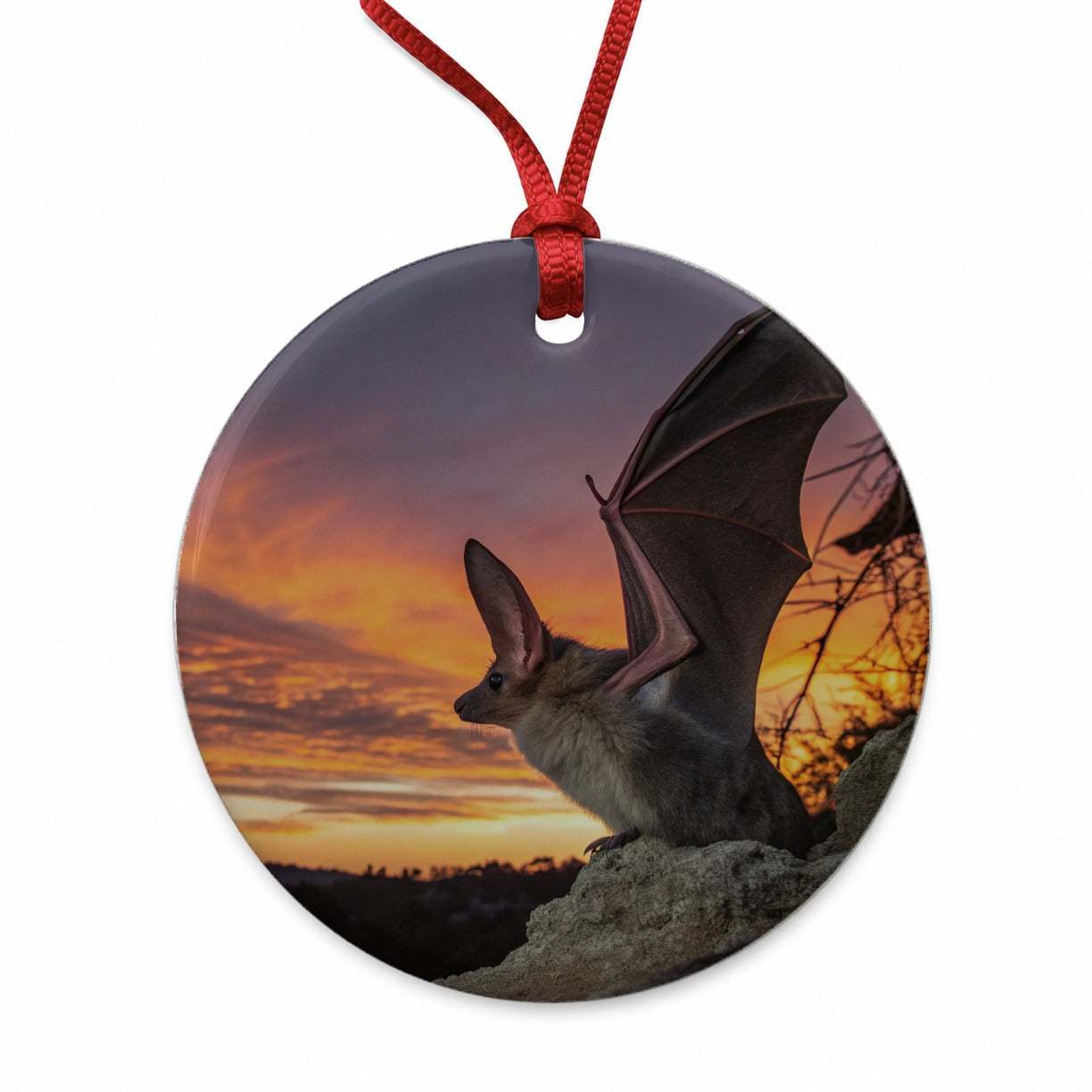 Bat Nature At Sunset Round Ceramic Holiday Christmas Tree Ornament
