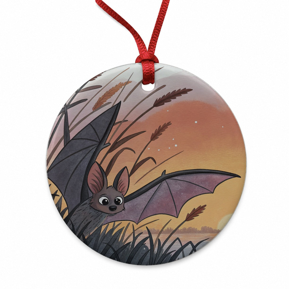 Bat Wildlife At Sunset Round Ceramic Holiday Christmas Tree Ornament