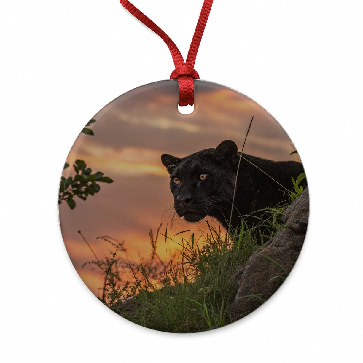 Black Panther At Sunset Round Ceramic Holiday Christmas Tree Ornament