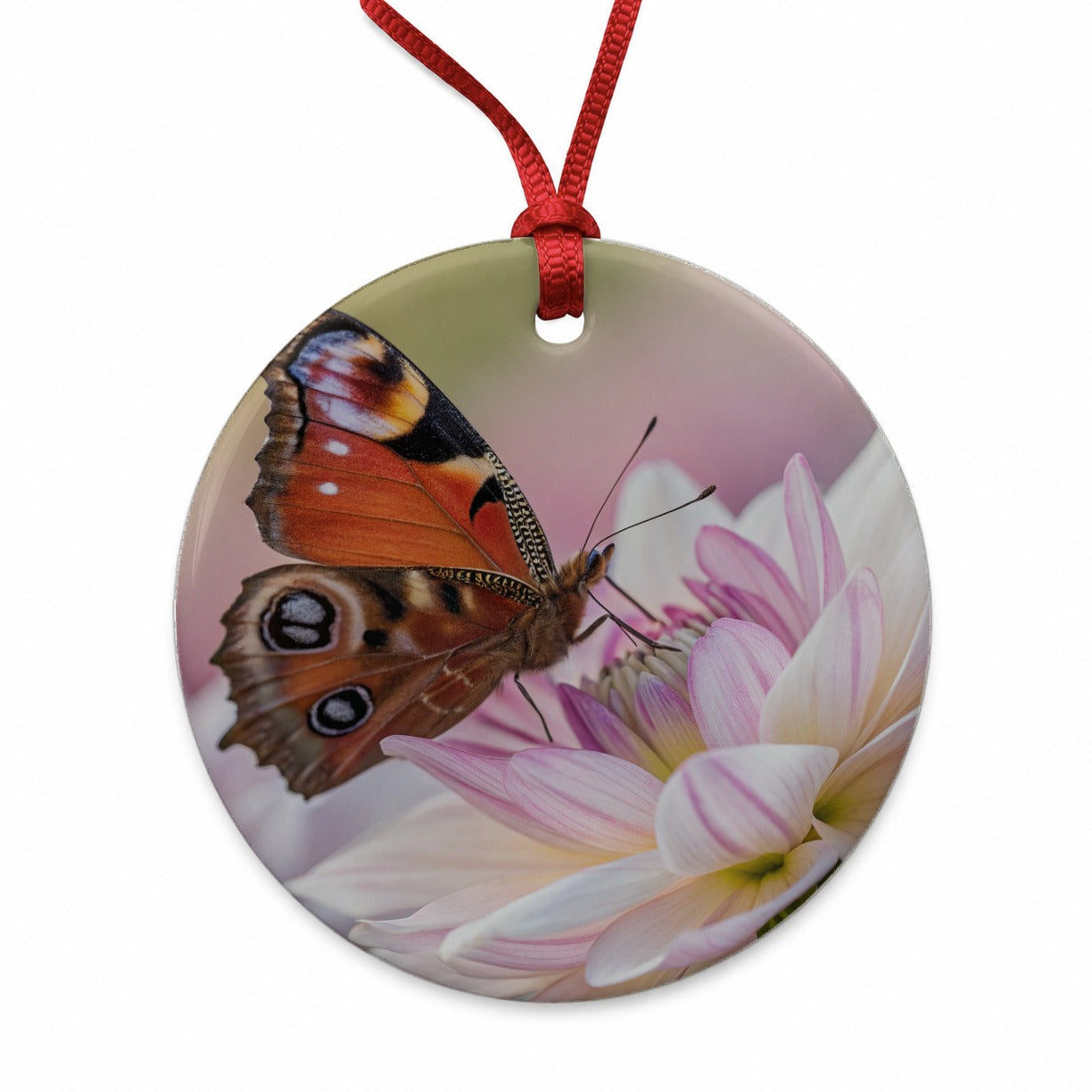 Butterfly Wildflower Garden Scene Round Ceramic Holiday Christmas Tree Ornament