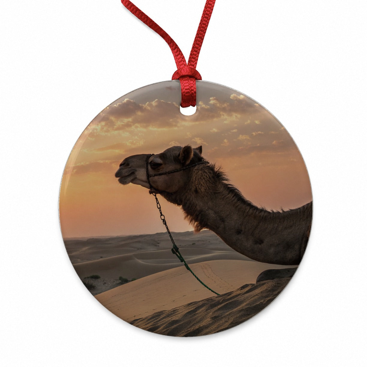 Camel Desert At Sunset Round Ceramic Holiday Christmas Tree Ornament