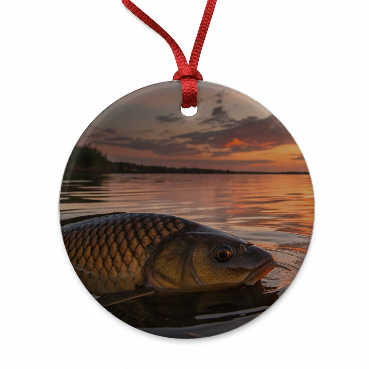 Carp Fishing At Sunset Round Ceramic Holiday Christmas Tree Ornament