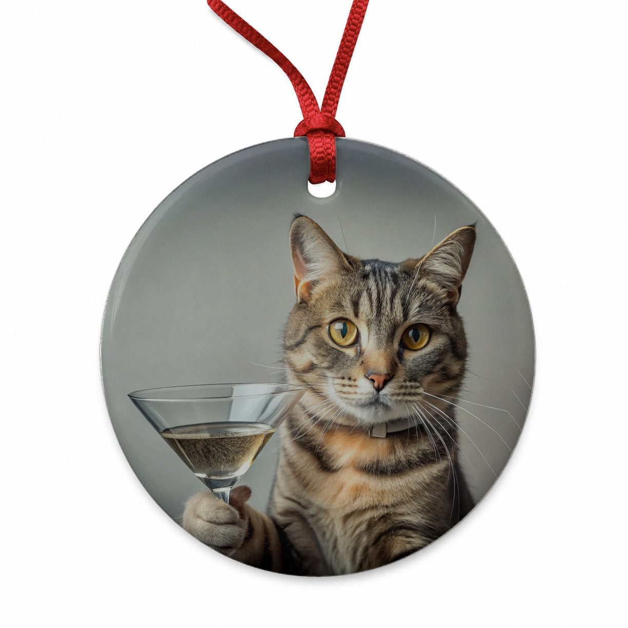 Cat Martini Glass Funny Round Ceramic Holiday Christmas Tree Ornament