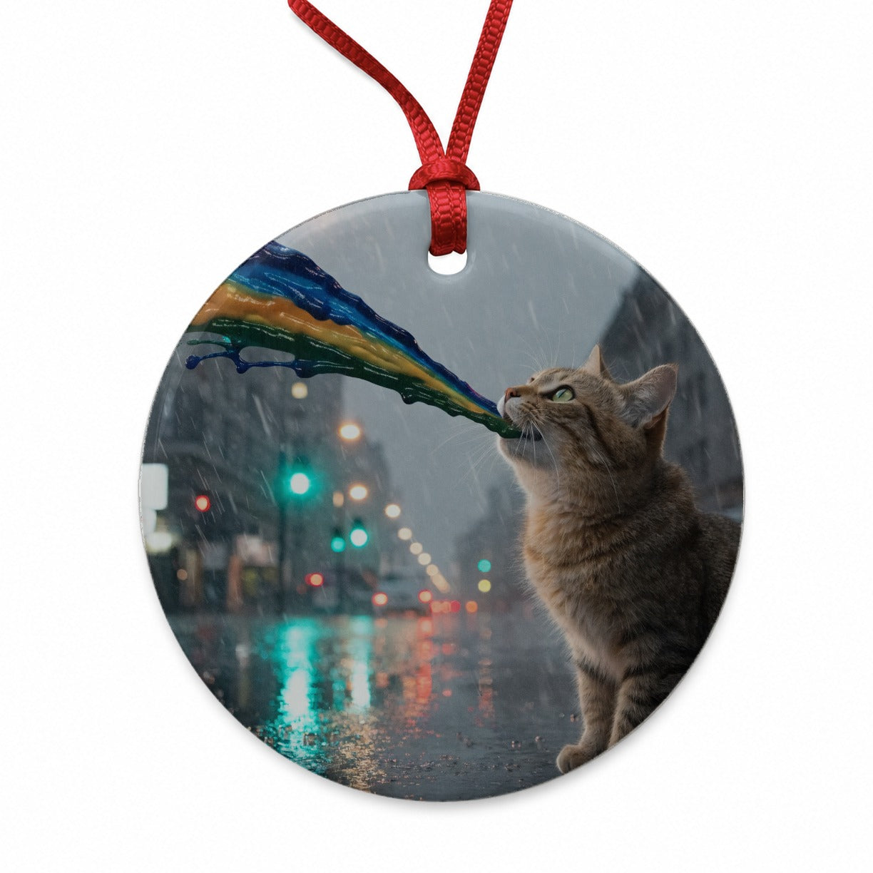 Cat Puking Rainbow Funny Round Ceramic Holiday Christmas Tree Ornament