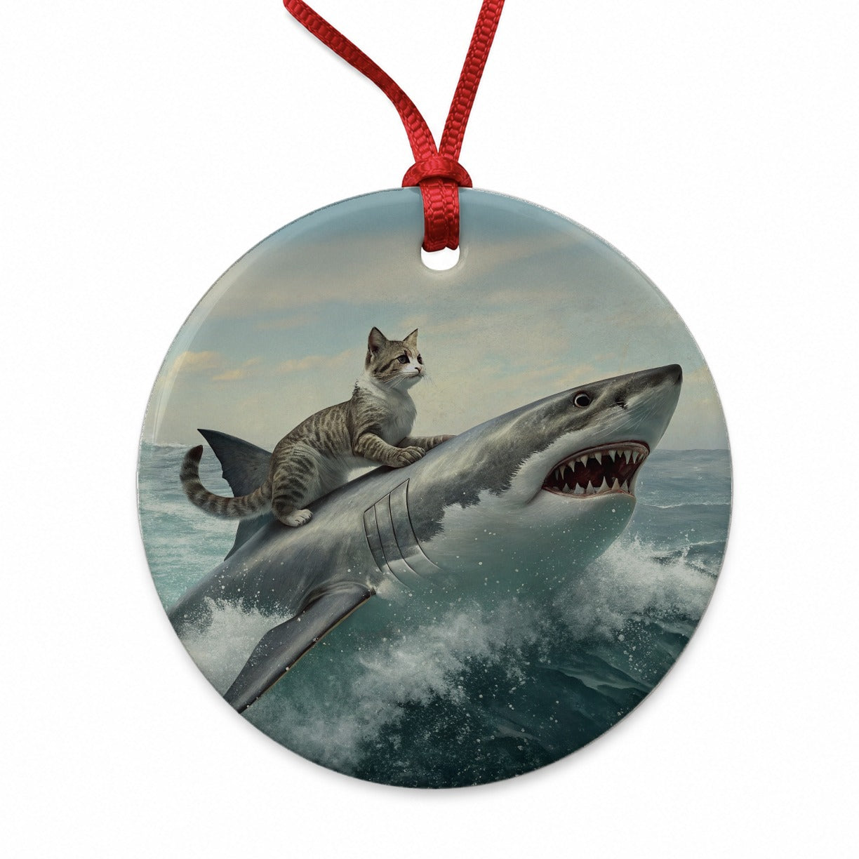 Cat Riding Shark Funny Round Ceramic Holiday Christmas Tree Ornament