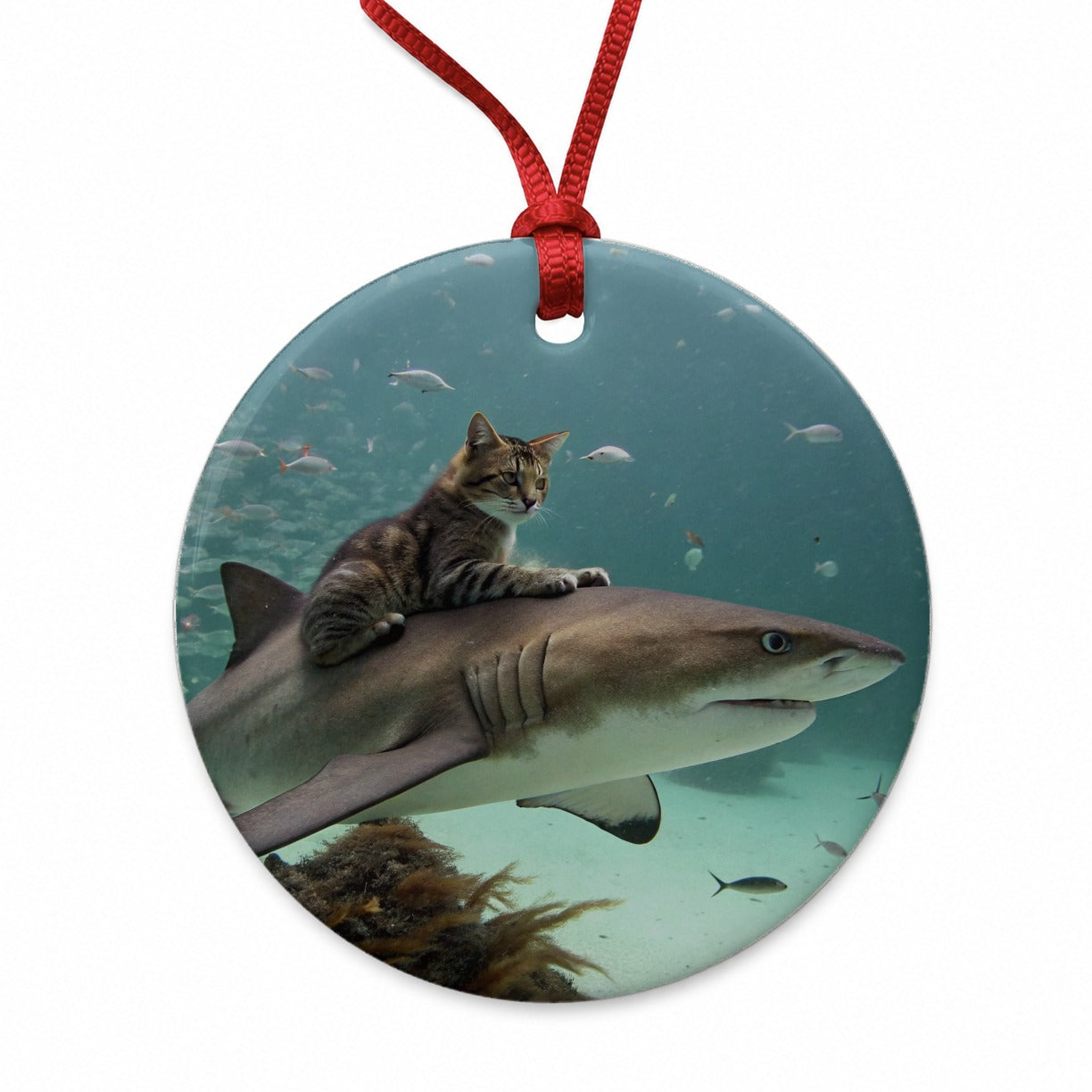 Cat Riding Shark Under Water Round Ceramic Holiday Christmas Tree Ornament