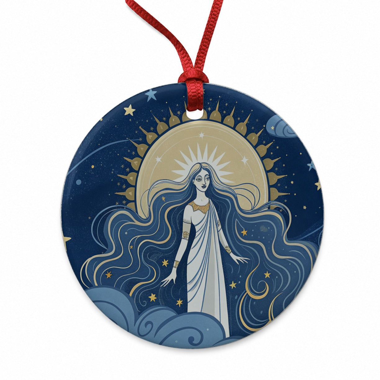 Celestial Moon Goddess Tarot Round Ceramic Holiday Christmas Tree Ornament