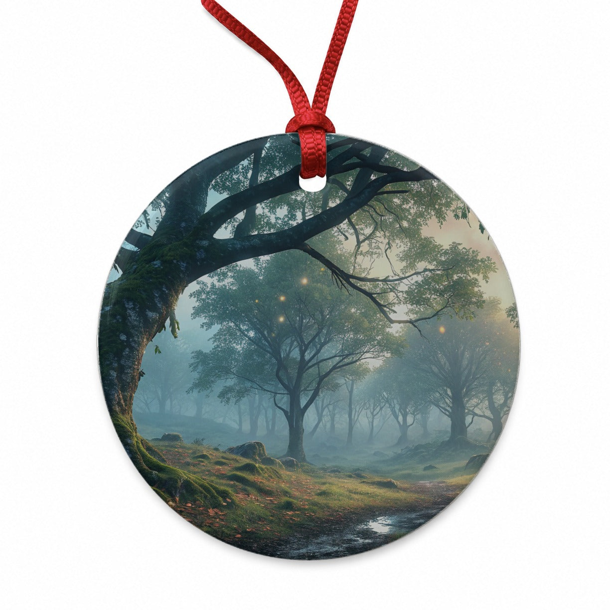 Enchanted Woodland Forest Landscape Round Ceramic Holiday Christmas Tree Ornament