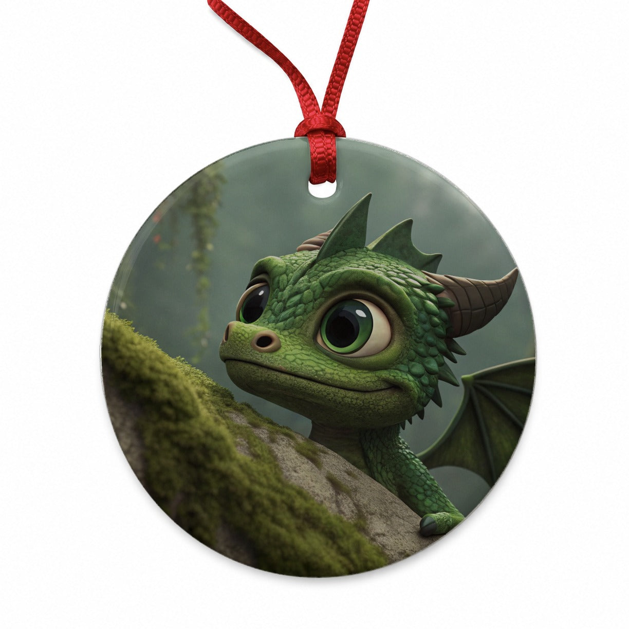 Fantasy Dragon Forest Nature Round Ceramic Holiday Christmas Tree Ornament