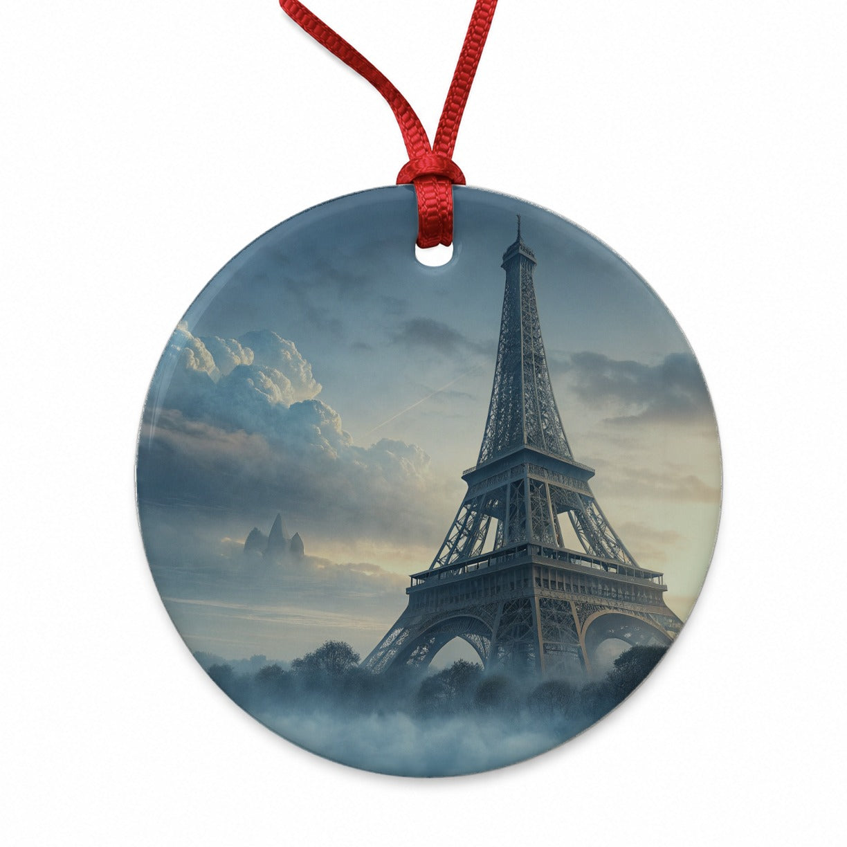 Foggy Eiffel Tower Paris Round Ceramic Holiday Christmas Tree Ornament