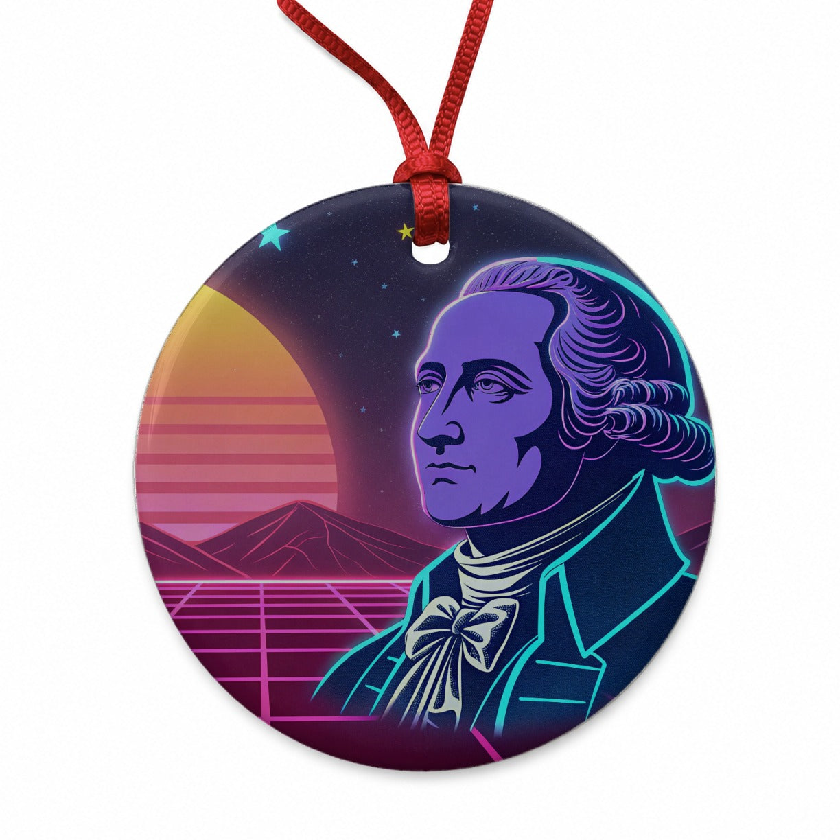 George Washington Synthwave Art Round Ceramic Holiday Christmas Tree Ornament