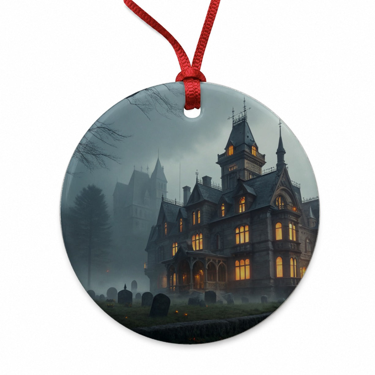 Haunted Victorian Mansion Halloween Round Ceramic Holiday Christmas Tree Ornament