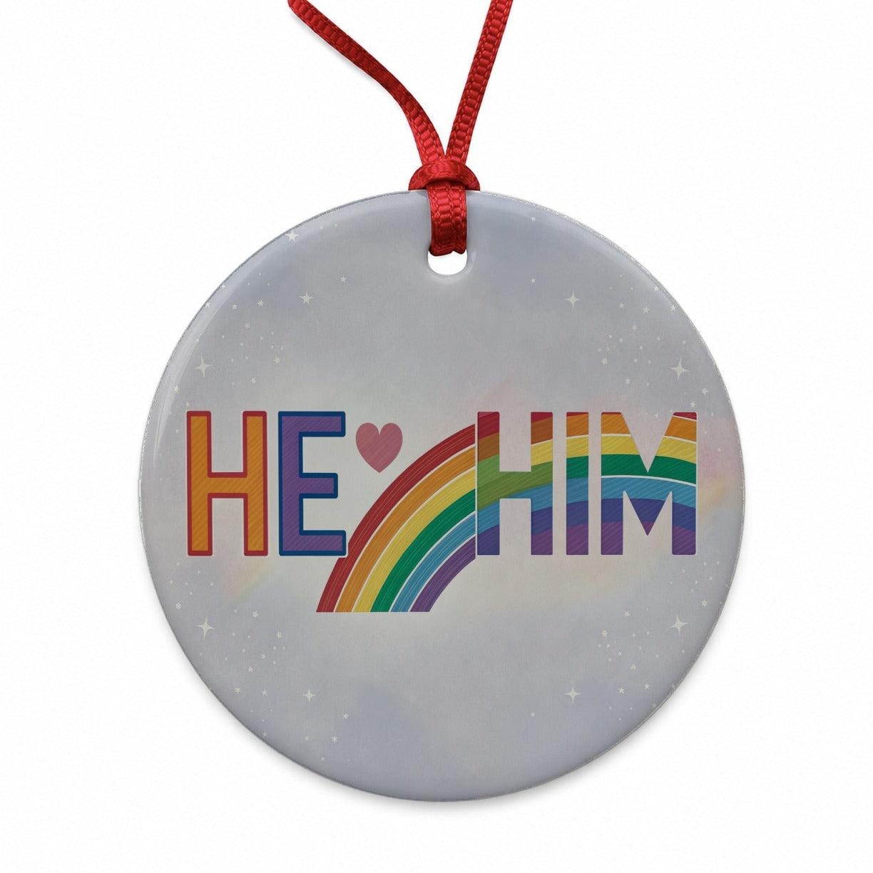 He Him Pride Love Round Ceramic Holiday Christmas Tree Ornament