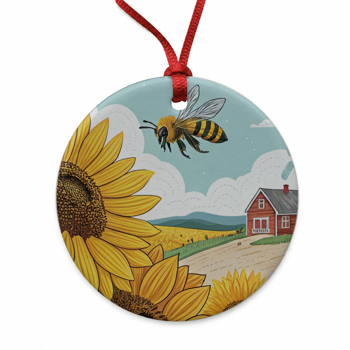 Honeybee Sunflower Farm Round Ceramic Holiday Christmas Tree Ornament