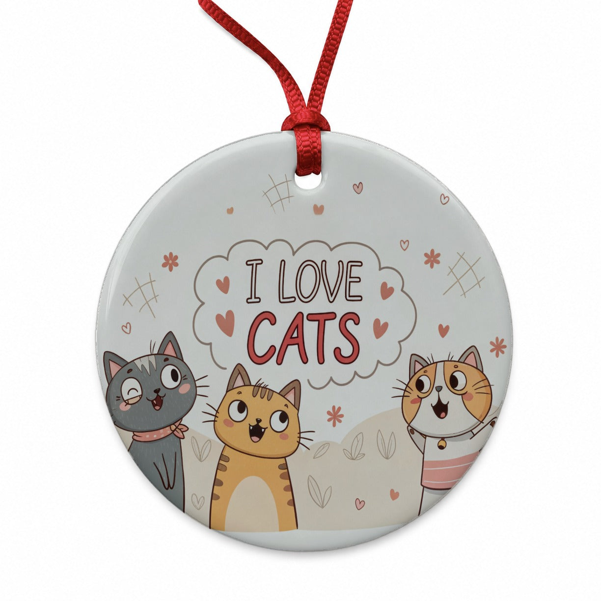 I Love Cats Cute Round Ceramic Holiday Christmas Tree Ornament