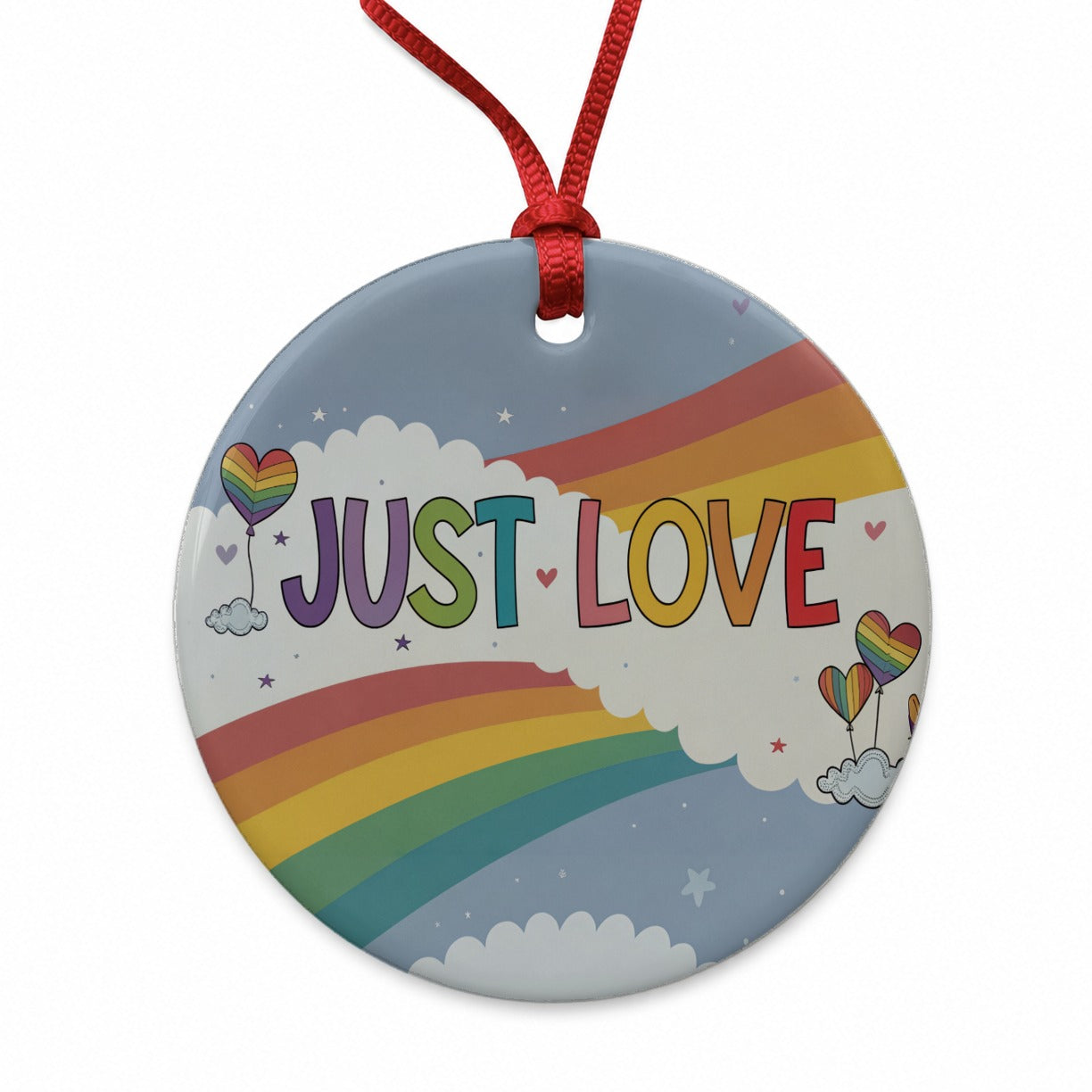 Just Love Rainbows Balloons Pride Round Ceramic Holiday Christmas Tree Ornament