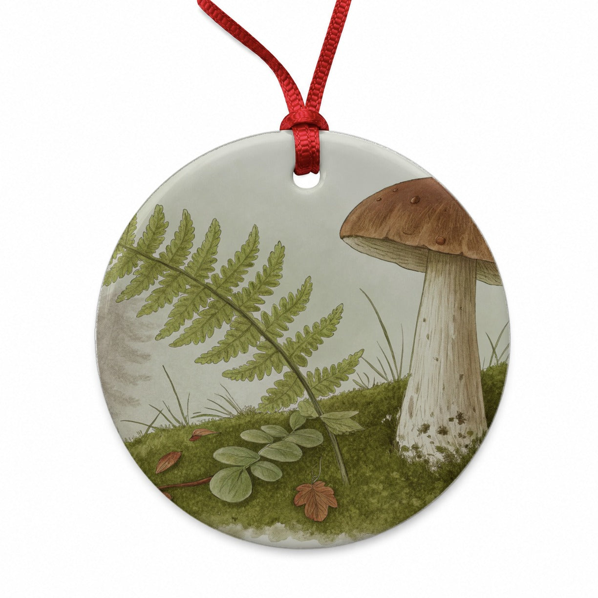 Mushroom Fern Nature Illustration Round Ceramic Holiday Christmas Tree Ornament