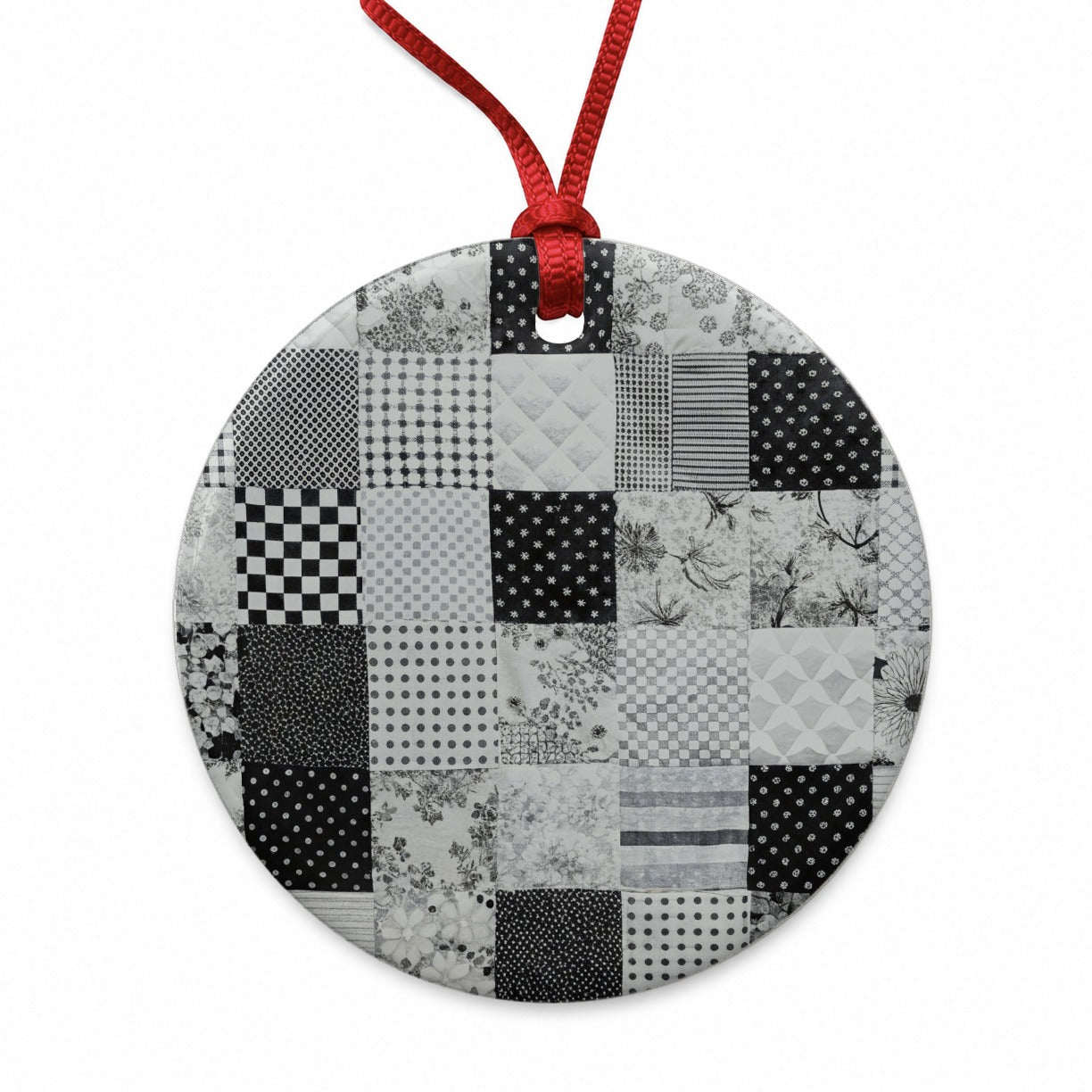 Patchwork Quilt Black White Round Ceramic Holiday Christmas Tree Ornament