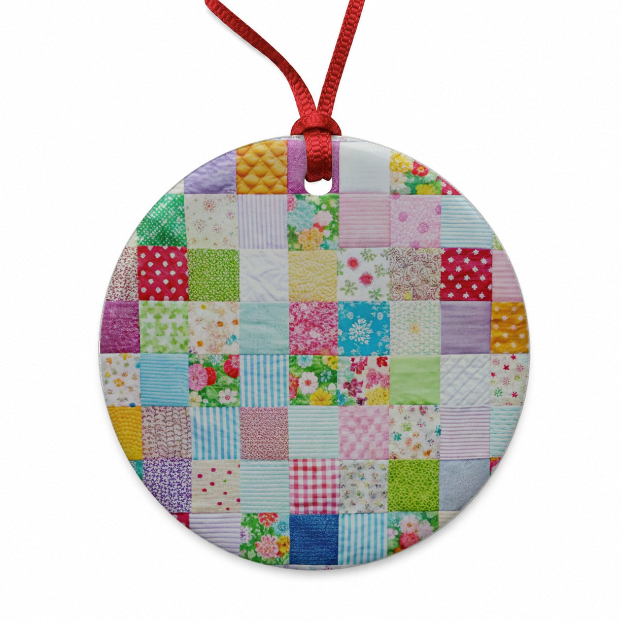 Patchwork Quilt Colorful Round Ceramic Holiday Christmas Tree Ornament